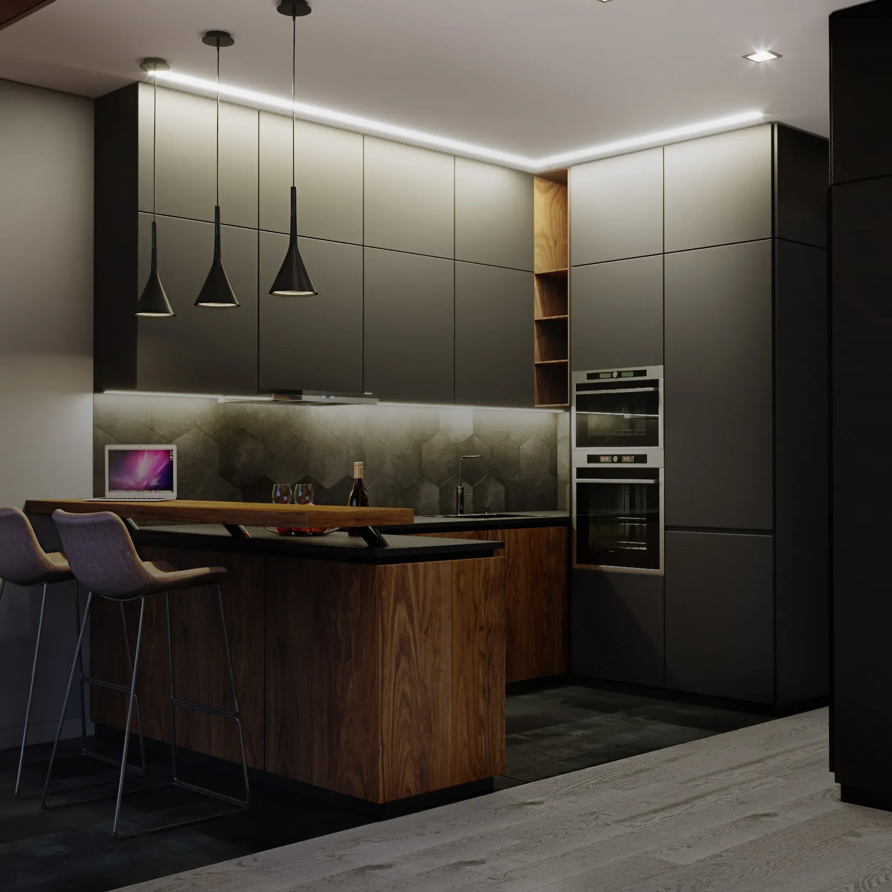 Kitchen glossy stretch ceiling with spotlights